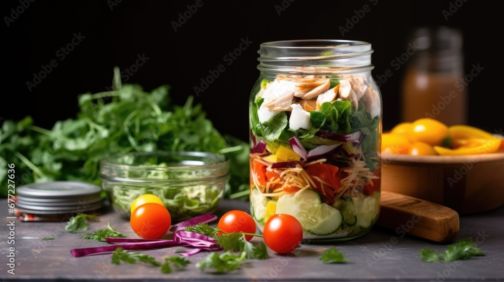 Poster a jar filled with salad sitting on top of a table next to a bowl of tomatoes and lettuce. generative