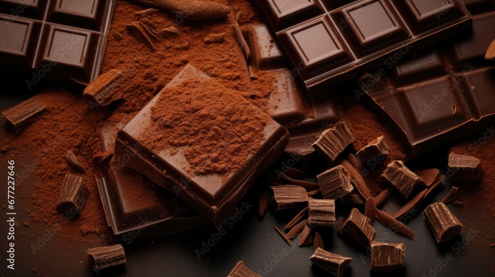Aufkleber a table topped with lots of chocolate bars and pieces of chocolate on top of each other with cocoa p