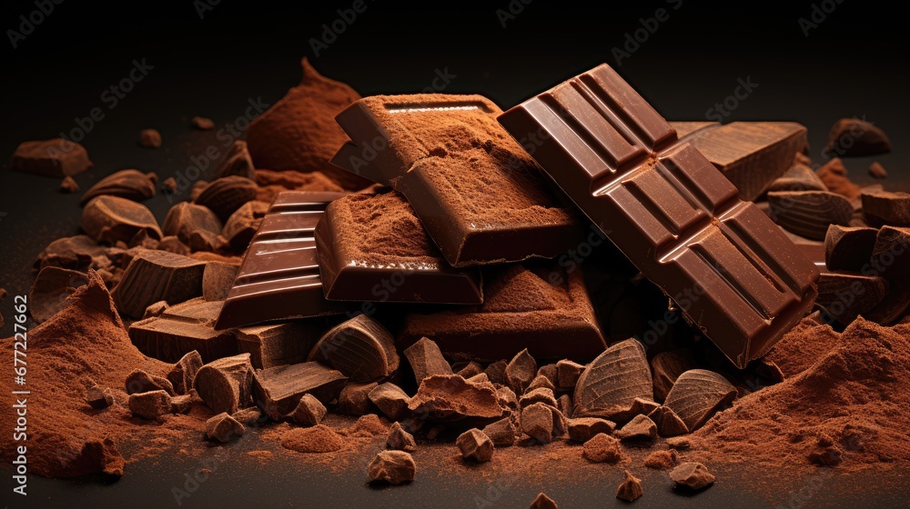 Poster a pile of chocolate next to a pile of cocoa chips and a pile of cocoa powder on a black background. 