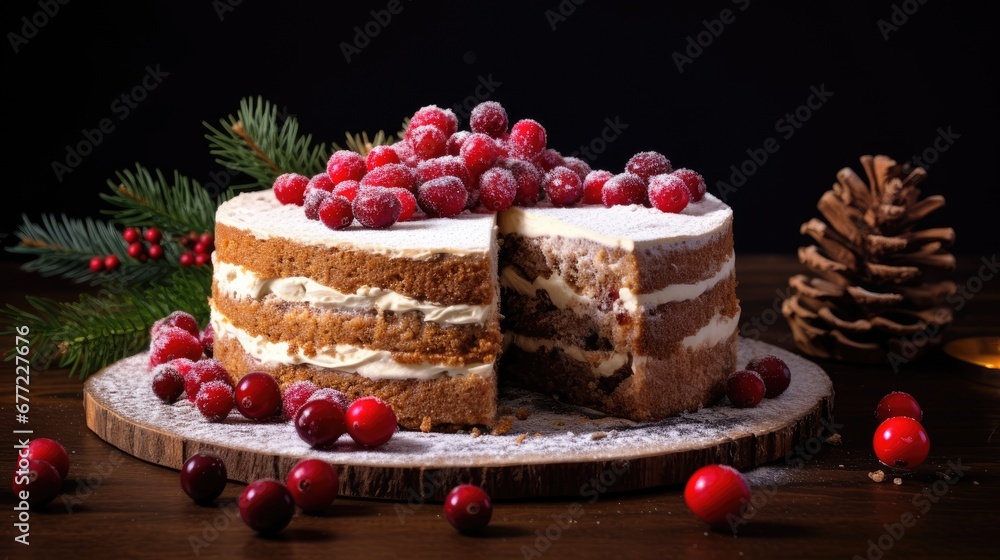 Poster a cake with a slice cut out of it with cranberries on the side and pine cones on the side. generativ