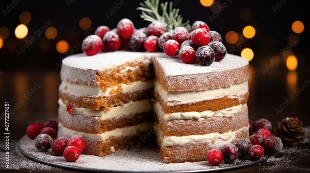 Aufkleber a cake with a slice cut out of it with cranberries and pine cones on the top of it. generative ai