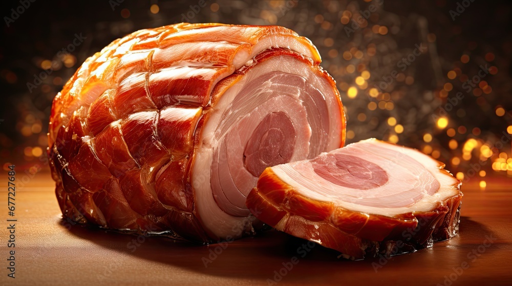 Poster a piece of ham sitting on top of a table next to a slice of ham on top of a table. generative ai