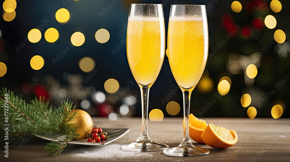 Wall mural two glasses of champagne sitting on top of a table next to a plate of orange slices and a christmas 