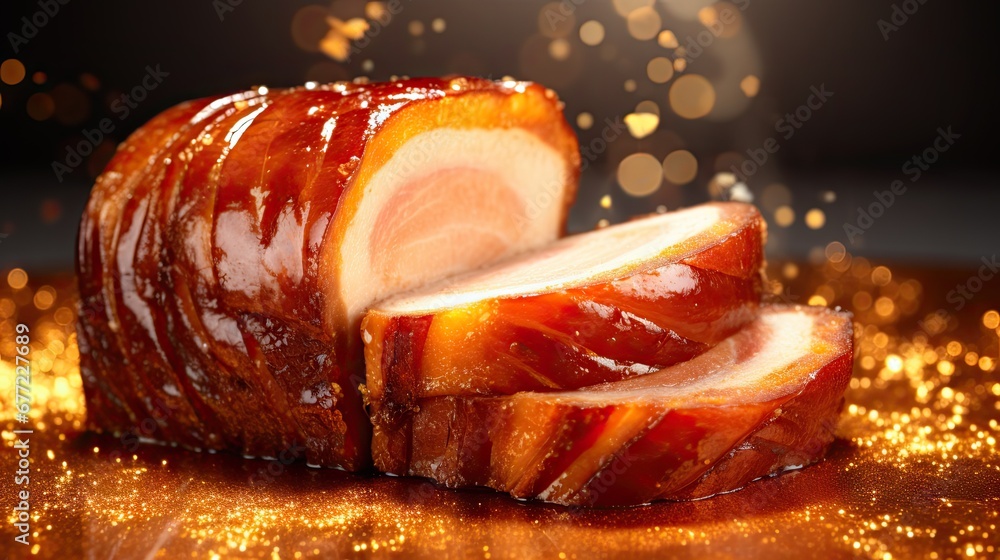Poster a close up of a piece of meat on a table with gold glitters around it and a piece of meat with a bit