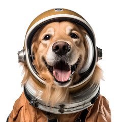 Golden dog in astronaut suit on transparent background PNG. Funny dog concept.