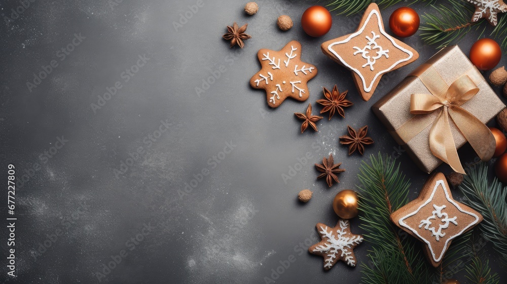 Poster christmas cookies and decorations on a dark background with space for a message or a message in the 