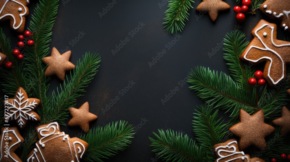 Poster a christmas wreath made of cookies and fir branches with decorations on a black background with copy