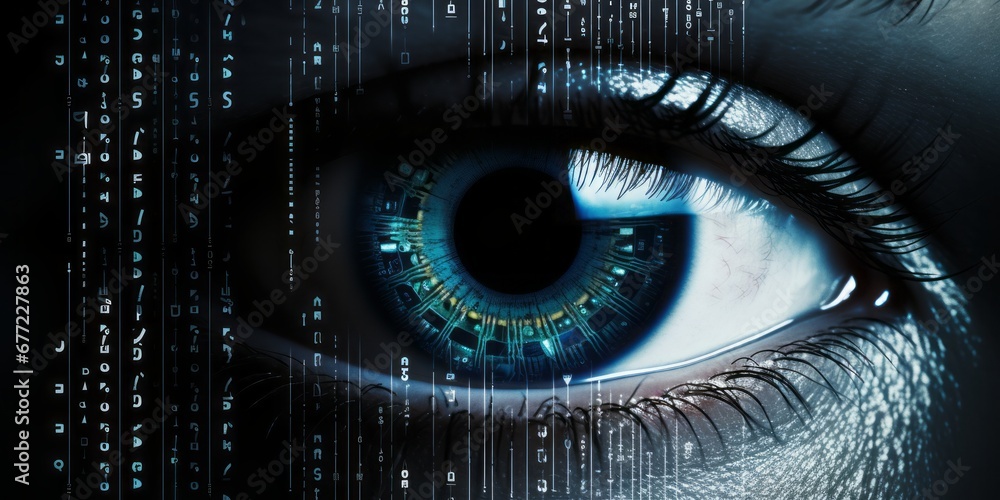 Aufkleber Digital Vision: A Human Eye Reveals Binary Code, Unveiling the Matrix of AI and KI, Symbolizing the Futuristic Fusion of Technology and Artificial Intelligence