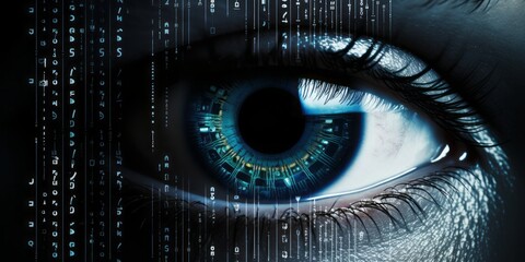Digital Vision: A Human Eye Reveals Binary Code, Unveiling the Matrix of AI and KI, Symbolizing the Futuristic Fusion of Technology and Artificial Intelligence - obrazy, fototapety, plakaty