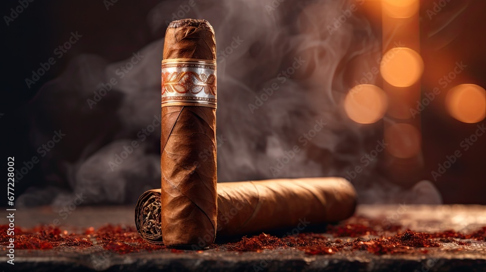 Poster a cigar sitting on top of a table next to a pile of red chilis and a lit candle in the background. g
