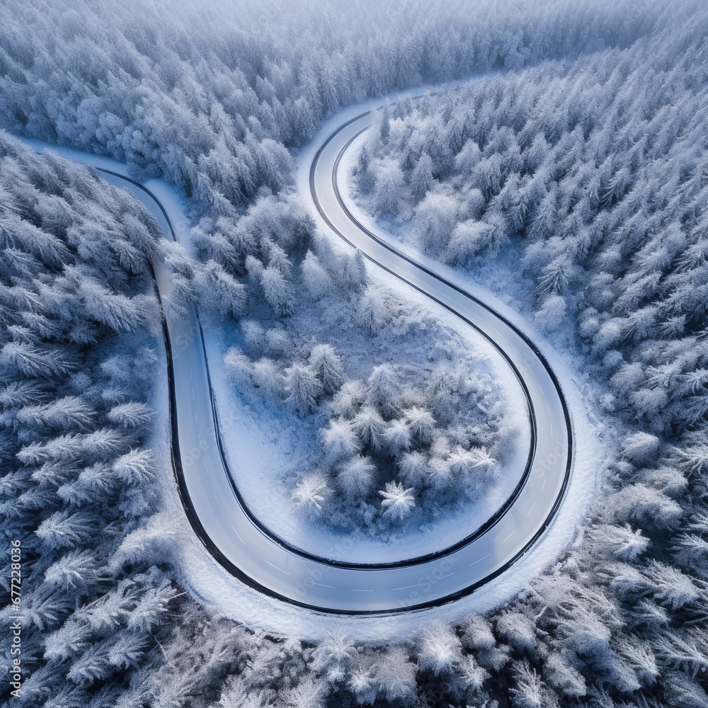 Poster an aerial view of a winding road in the middle of a snow covered forest with trees on both sides of 