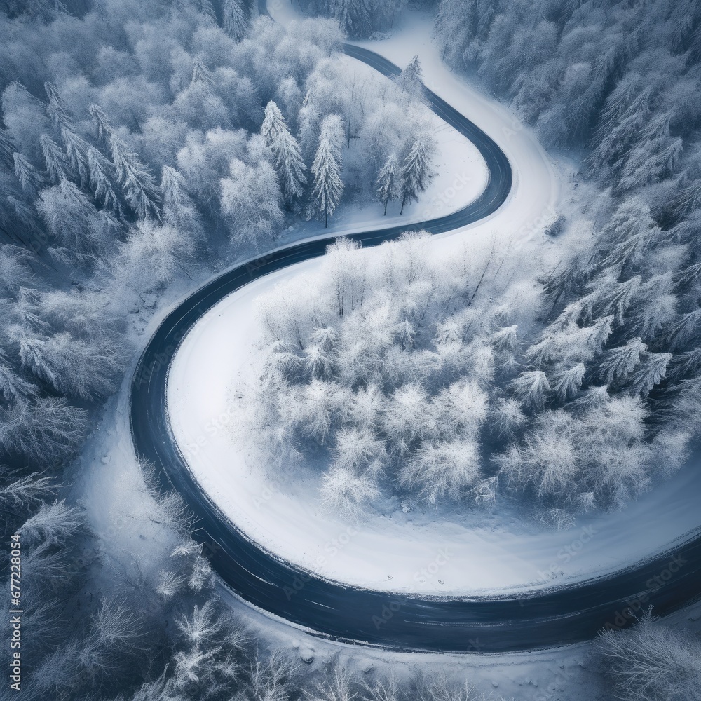 Poster a winding road in the middle of a snow covered forest with a winding curve in the middle of the road