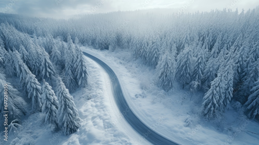 Poster a road in the middle of a snow covered forest with trees in the foreground and a foggy sky in the ba
