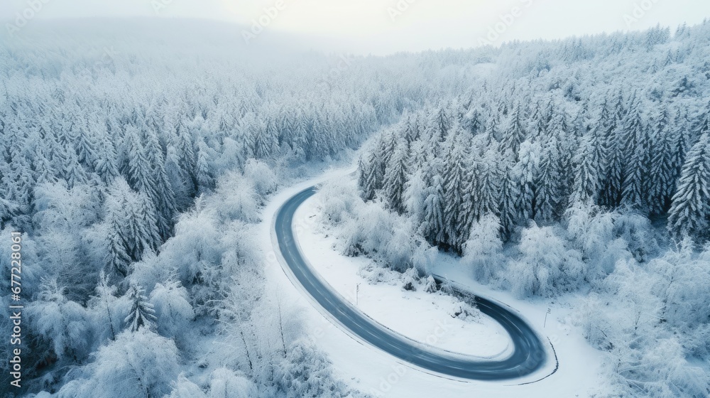 Poster an aerial view of a road in the middle of a forest with snow on the ground and trees on both sides o