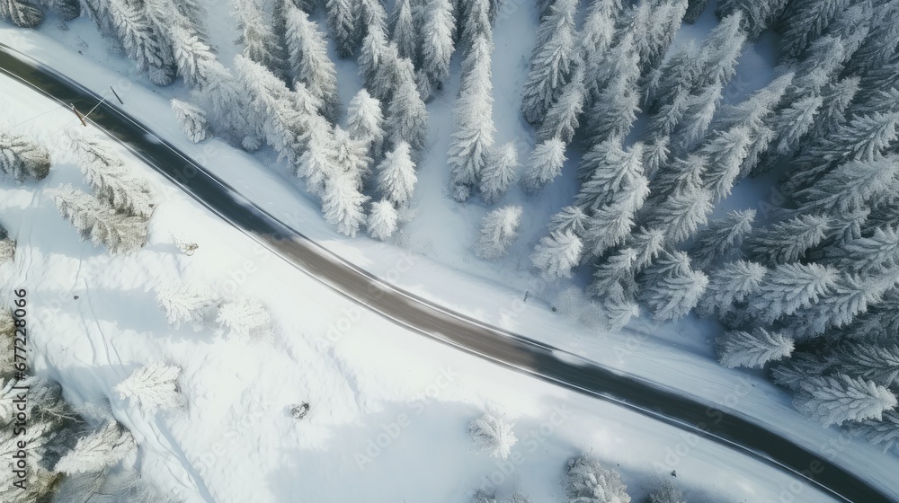 Poster an aerial view of a road in the middle of a snow covered forest with lots of trees on both sides of 