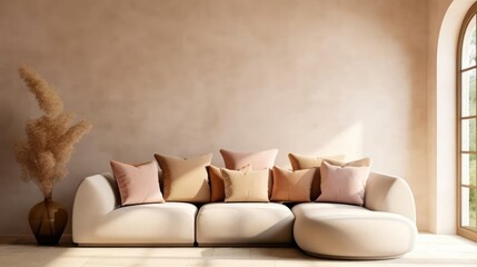 Fototapeta na wymiar Loft home interior design of modern living room beige sofa with terra cotta pillows against arched window near stucco wall with