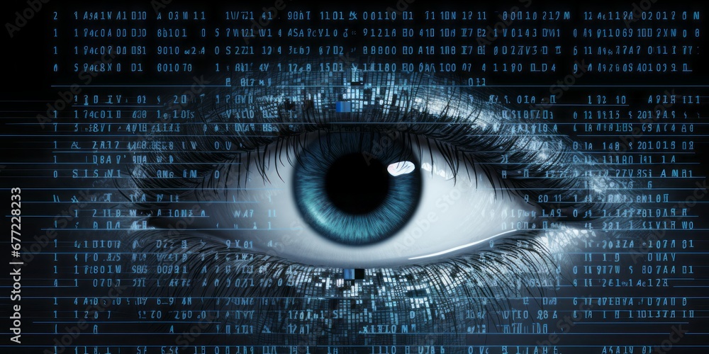 Poster Digital Vision: A Human Eye Reveals Binary Code, Unveiling the Matrix of AI and KI, Symbolizing the Futuristic Fusion of Technology and Artificial Intelligence