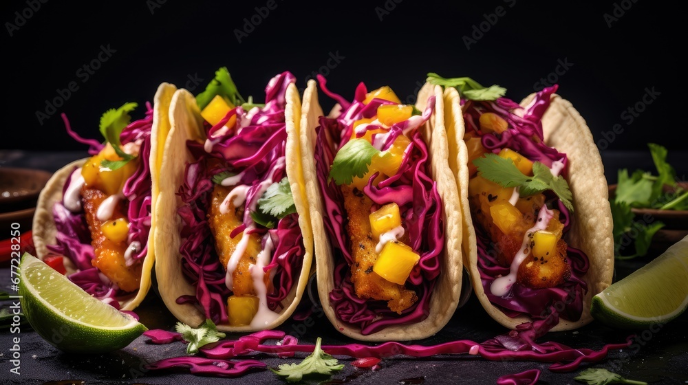 Poster a group of tacos sitting on top of a table next to lime wedges and a slice of lime. generative ai