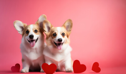 Two corgi dogs in love, on solid pink background with copy space - obrazy, fototapety, plakaty