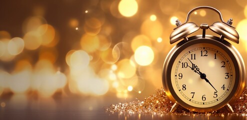 Fototapeta na wymiar Close up of beautiful golden antique clock with roman numerals on a festive lights background, New Year festive, New Year eve, 2024, Celabretion