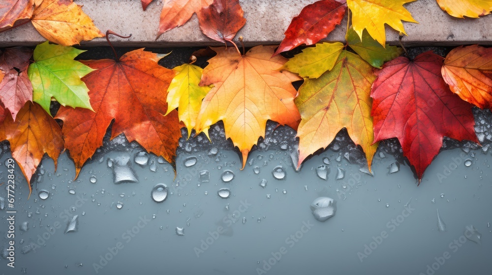 Poster a bunch of leaves that are next to a wall with drops of water on the bottom and bottom of them. gene