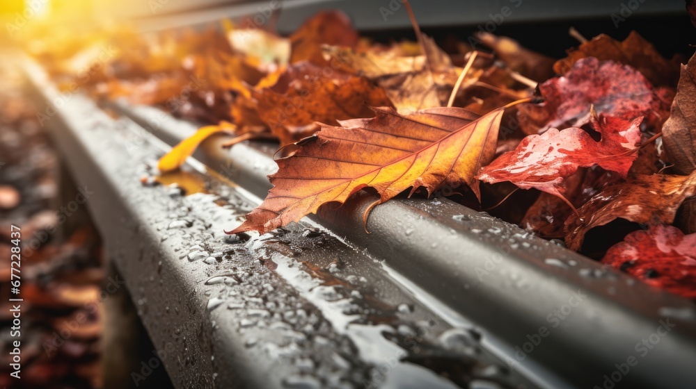 Poster a close up of a metal rail with leaves on the ground and water droplets on the surface of the rails.