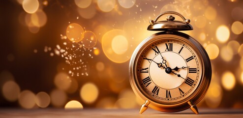 Close up of beautiful golden antique clock with roman numerals on a festive lights background, New Year festive, New Year eve, 2024, Celabretion