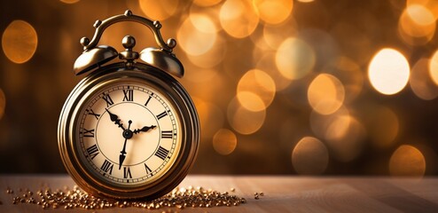 Close up of beautiful golden antique clock with roman numerals on a festive lights background, New Year festive, New Year eve, 2024, Celabretion