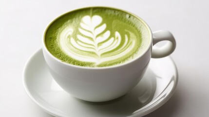 Matcha latte in a mug with latte art on a sunny day on white table