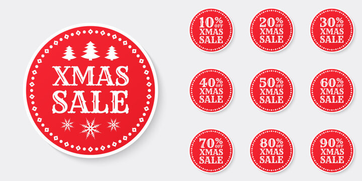 Xmas sale label, sticker or icon set. Christmas discount banners. 10, 20, 30, 40, 50, 60, 70, 80, 90 percent price off sign, logo or circle badge design. Vector illustration.