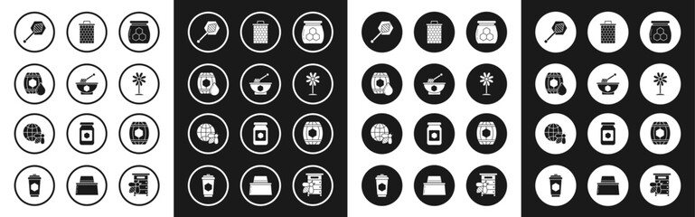 Fototapeta premium Set Jar of honey, Honey dipper stick and bowl, Wooden barrel with, Flower, Honeycomb, and map the world bee icon. Vector