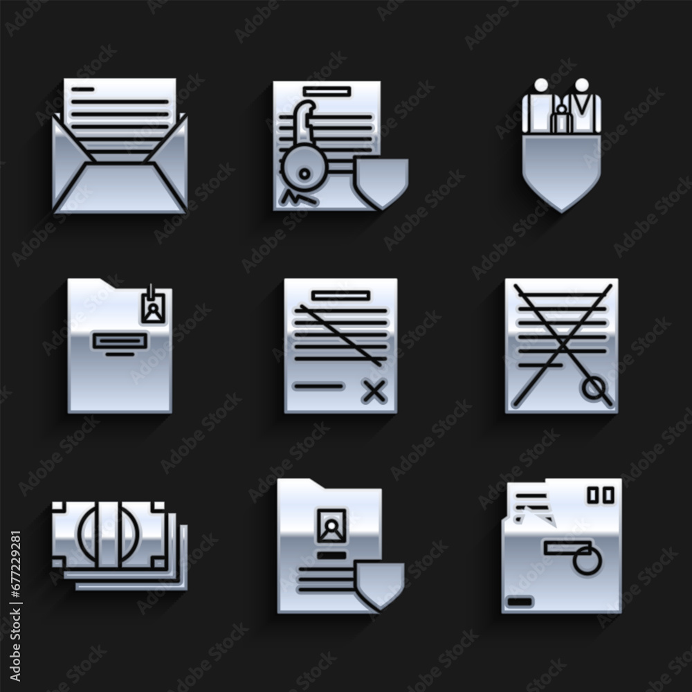 Poster set delete file document, document with shield, ordered envelope, stacks paper money cash, personal 