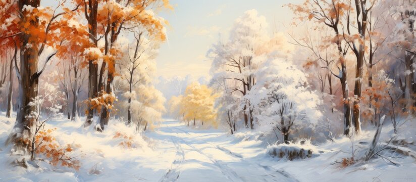 The beautiful winter landscape painting showcases a white snowy road winding through the forest with trees adorned with frost covered branches and a carpet of golden leaves peeking out from 