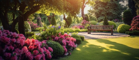 The beautiful garden is filled with lush trees vibrant plants and a serene atmosphere showcasing...