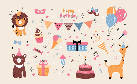 A set of cute party elements. Vector illustration of a birthday