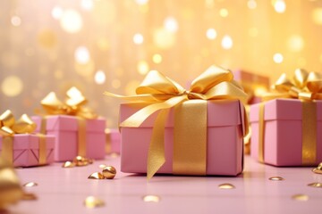 Festive gift boxes with golden ribbons on a glittering bokeh background, celebration and giving.
