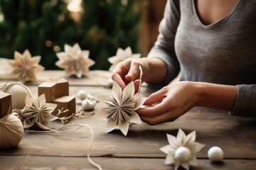 Obraz na płótnie Canvas Focused artisan assembling intricate paper stars, traditional festive decoration, craftsmanship close-up.