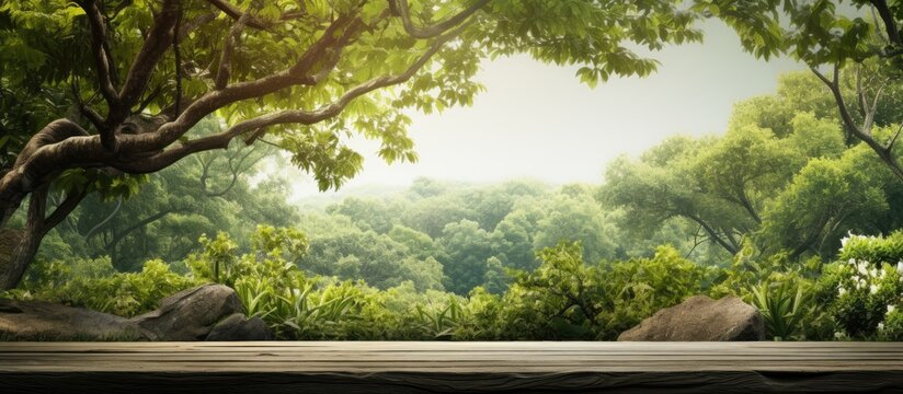 The background of the landscape is filled with the textured beauty of nature where a wooden table sits beneath a tall tree showcasing the concept of a serene garden in a world where the eart