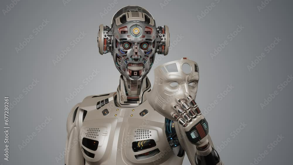 Poster detailed futuristic robot man or humanoid cyborg removes his face mask showing vey complex mechanism