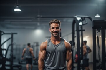 Fototapeta na wymiar A professional male athlete smiles at the camera against the background of the gym. Sports, fitness, healthy active lifestyle concepts