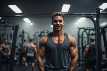 Sports, fitness, healthy active lifestyle concepts. A handsome male coach on the background of a sports gym - obrazy, fototapety, plakaty