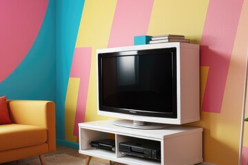Vintage television on the wooden table and colorful wall in background.