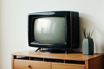 Vintage television on the wooden table and colorful wall in background.