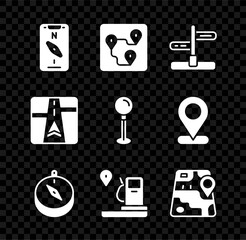 Set Compass on mobile, Route location, Road traffic sign, Location and gas station, City map navigation, Gps device with and Push pin icon. Vector