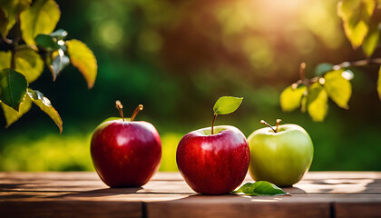 Red apples sitting on a wooden table. The apples are both round and have smooth, shiny skin. The stems of the apples are green and leafy. The background of the image is blurred