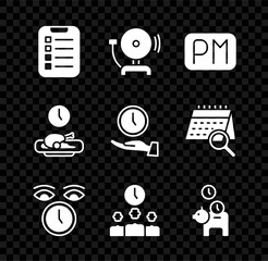 Set To do list or planning, Ringing alarm bell, Day time, Clock, Time Management, Piggy bank with coin, Food and icon. Vector