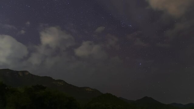A Time Lapse of starry and mostly cloudy in night sky with a mountain. Geminid Meteor in the night sky. Panning left.