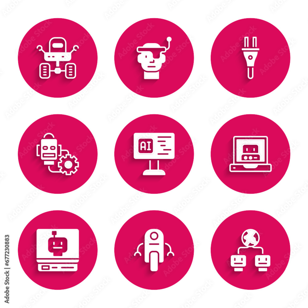Poster set software, robot, artificial intelligence, creating robot, setting, electric plug and mars rover 