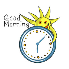 sun, alarm clock and text good morning