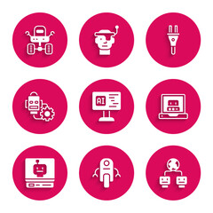 Set Software, Robot, Artificial intelligence, Creating robot, setting, Electric plug and Mars rover icon. Vector